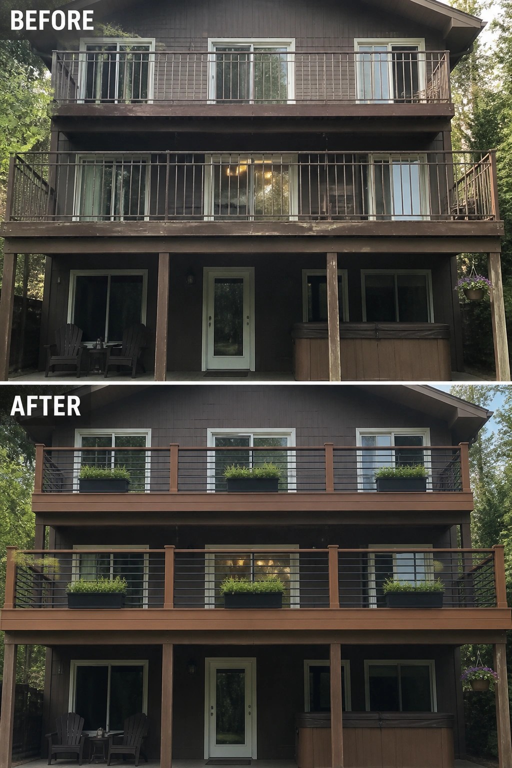 Before-and-after image of a tri-level house exterior where old vertical balcony railings were replaced with horizontal railings and matching posts and planter boxes were added to each level.