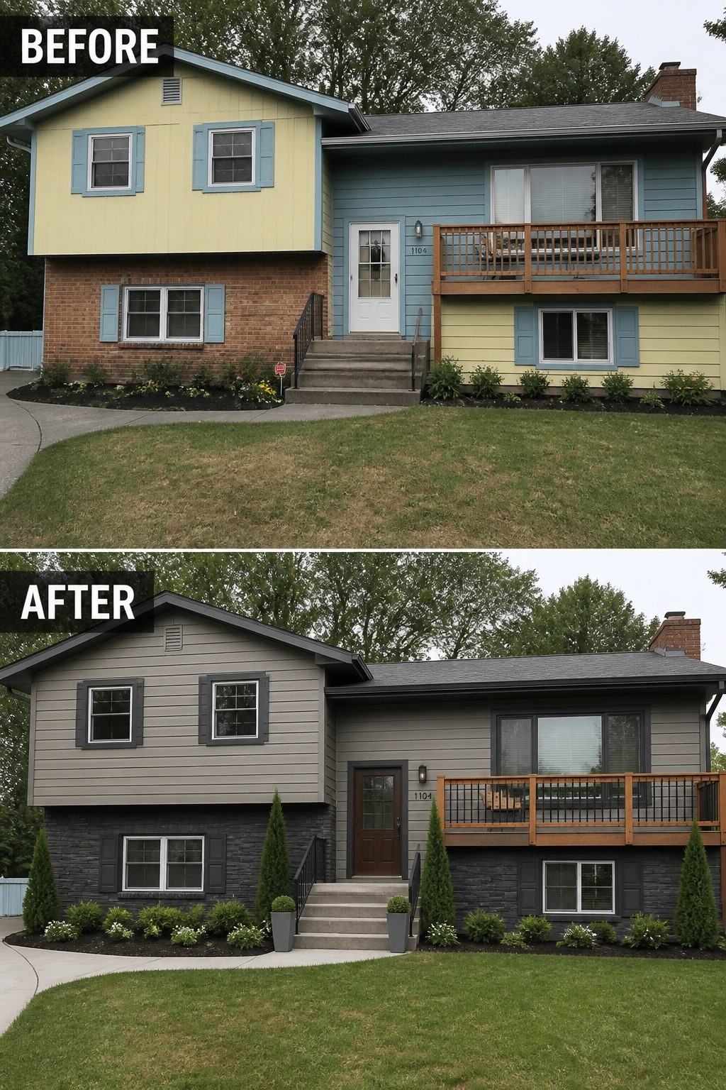 Before-and-after image of a tri-level house updated from mismatched pastel siding and brick to a cohesive gray siding with a dark stone base, new front door, and planted planters.