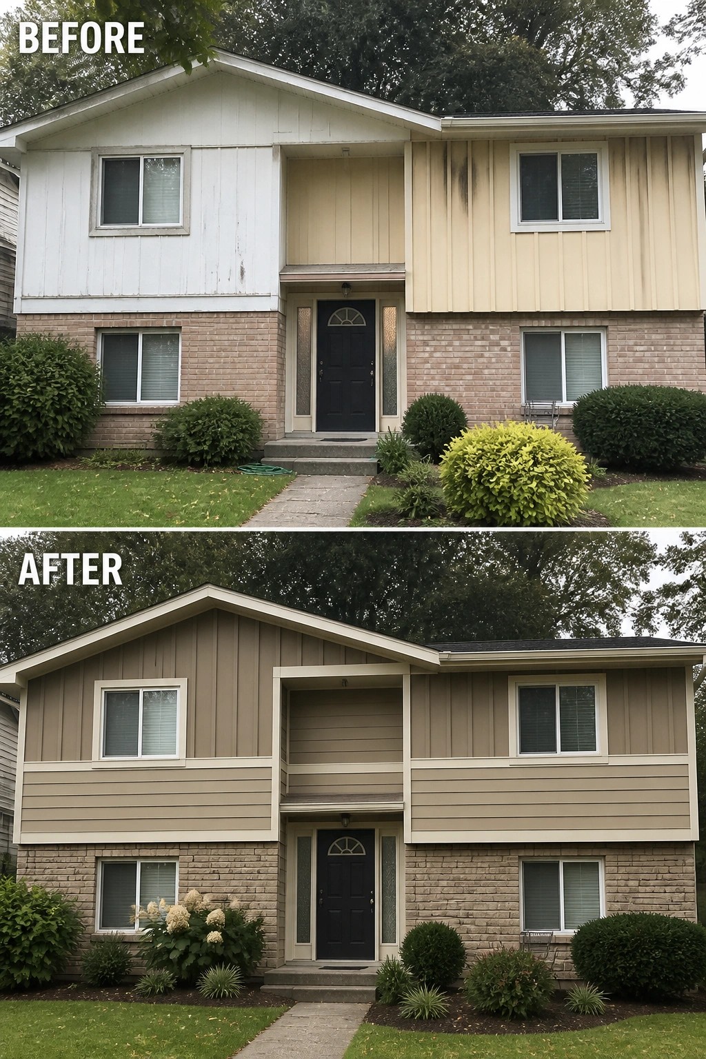 Before-and-after image of a tri-level house where mismatched upper siding was replaced with coordinated vertical and horizontal siding, new trim, and cleaned-up landscaping.