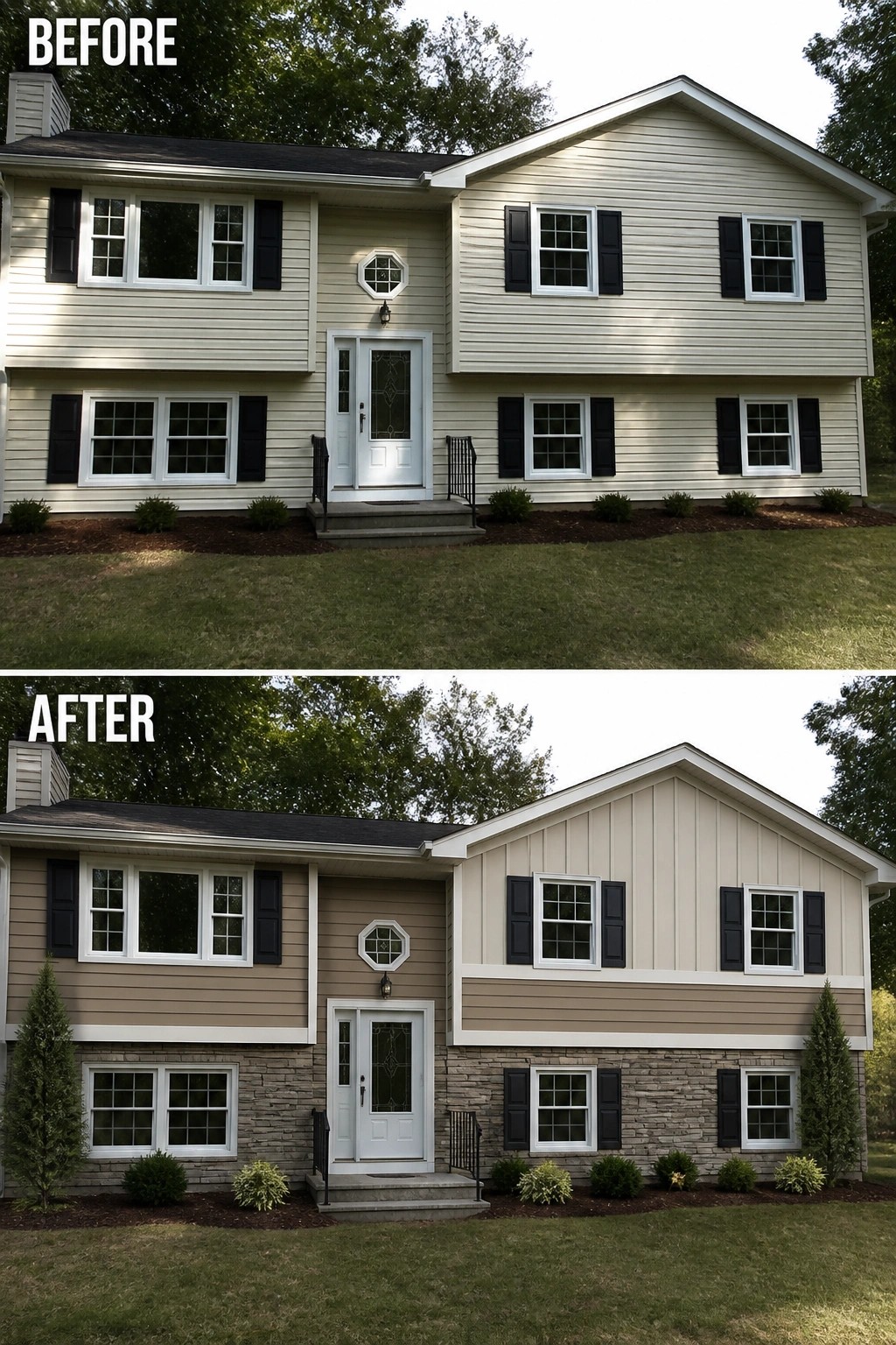 Before-and-after image of a tri-level house updated from plain uniform siding to a layered exterior with a stone veneer base, contrasting siding bands, and a vertical gable accent.