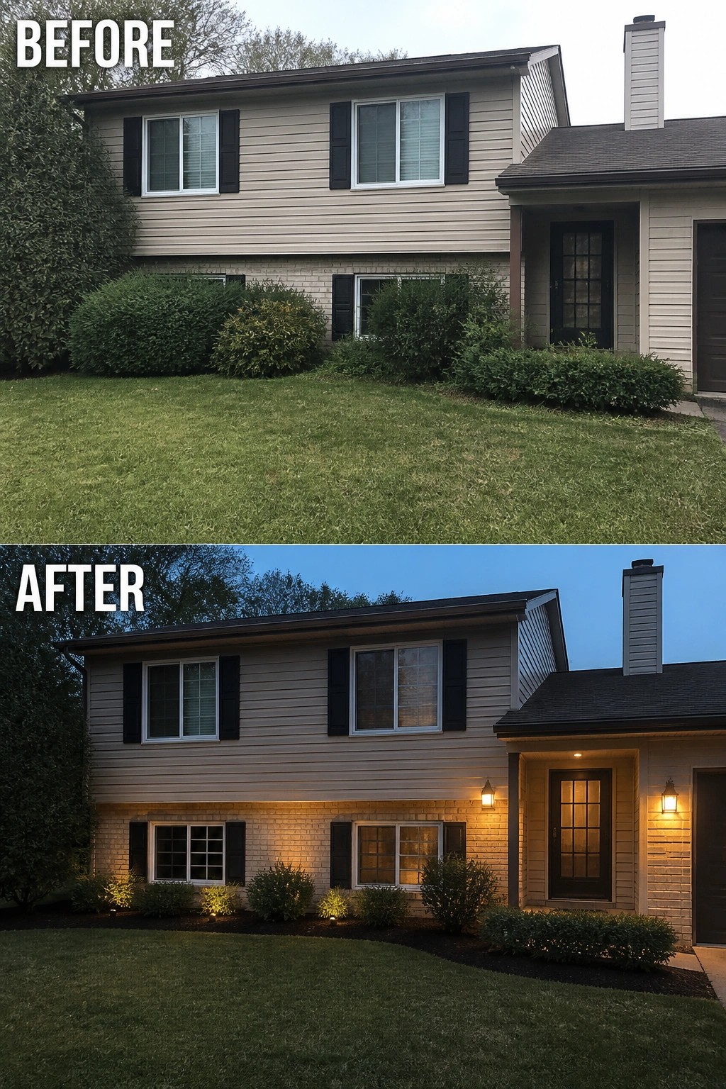 Before-and-after image of a tri-level house exterior showing trimmed shrubs and defined beds with added low uplighting at ground