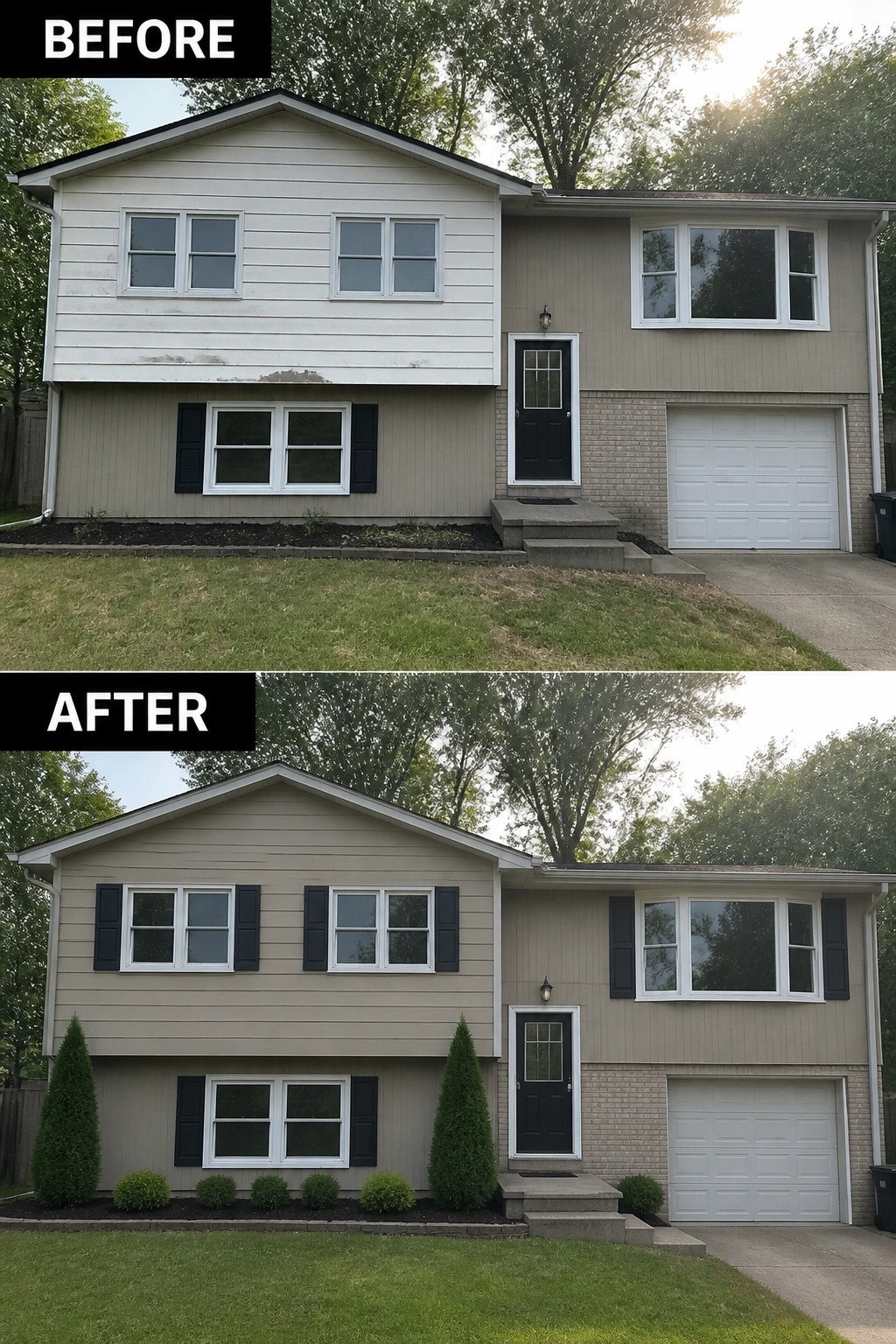 Before-and-after image of a tri-level house updated by adding matching window shutters and symmetrical foundation plantings to improve curb appeal.