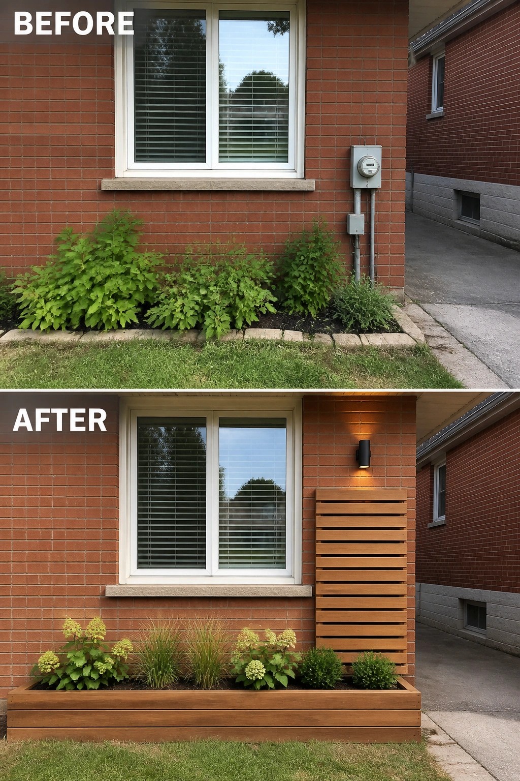 Before-and-after image of a brick house front where overgrown plants and an exposed meter are replaced by a long wooden raised planter, a vertical slatted wood screen, and a wall light.