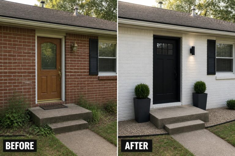 20 Smart Brick House Before and After Ideas That Modernize Dated Facades Before-and-after image of a brick house where the red brick is painted white and the front door and exterior accents are changed to black, with added planters and a clean planted bed.
