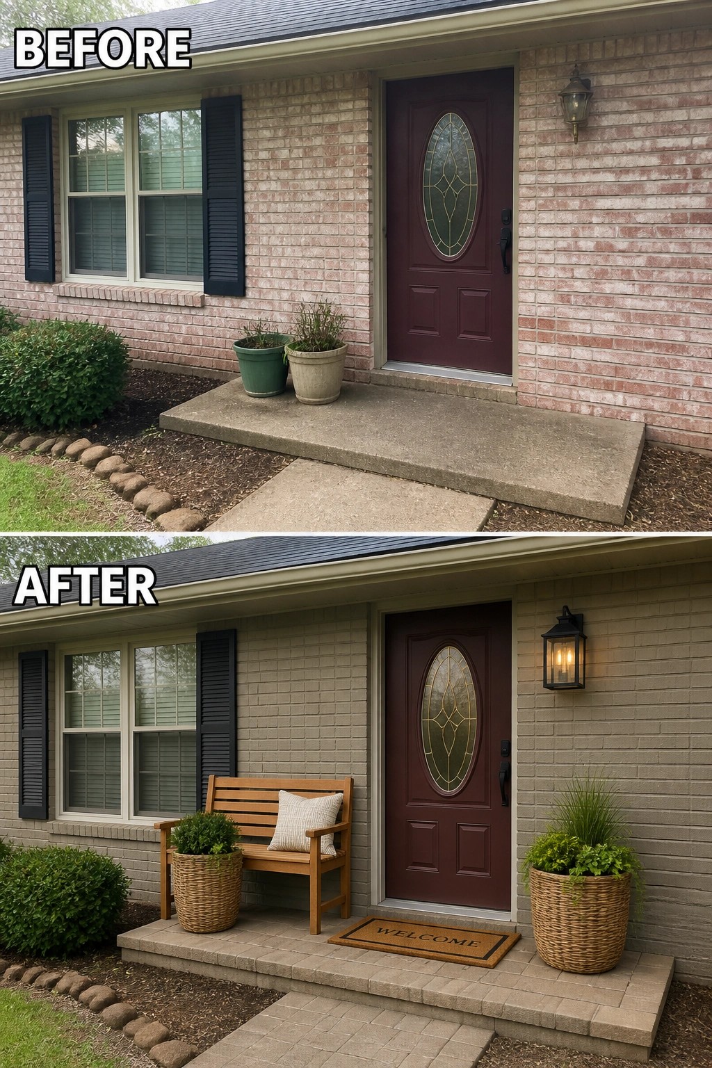Before-and-after image of a bare front porch updated with a paver landing, a wooden bench, matching woven planters, a welcome mat, and a new wall lantern.