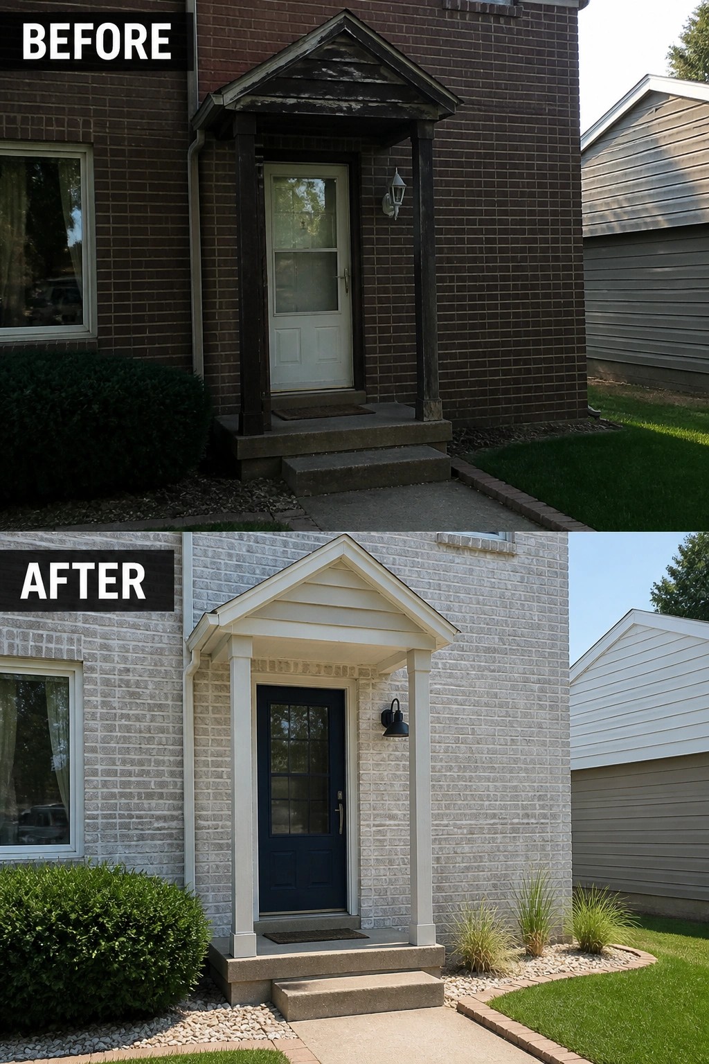 Before-and-after image of a home's front entry updated from a dark, worn porch to painted light brick with white trim, a new dark-blue door, outdoor sconce, and simple rock-and-plant border.