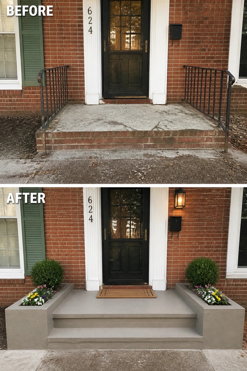 Before-and-after image of a front porch where cracked concrete and metal railings were replaced with smooth painted steps and built-in planter boxes.