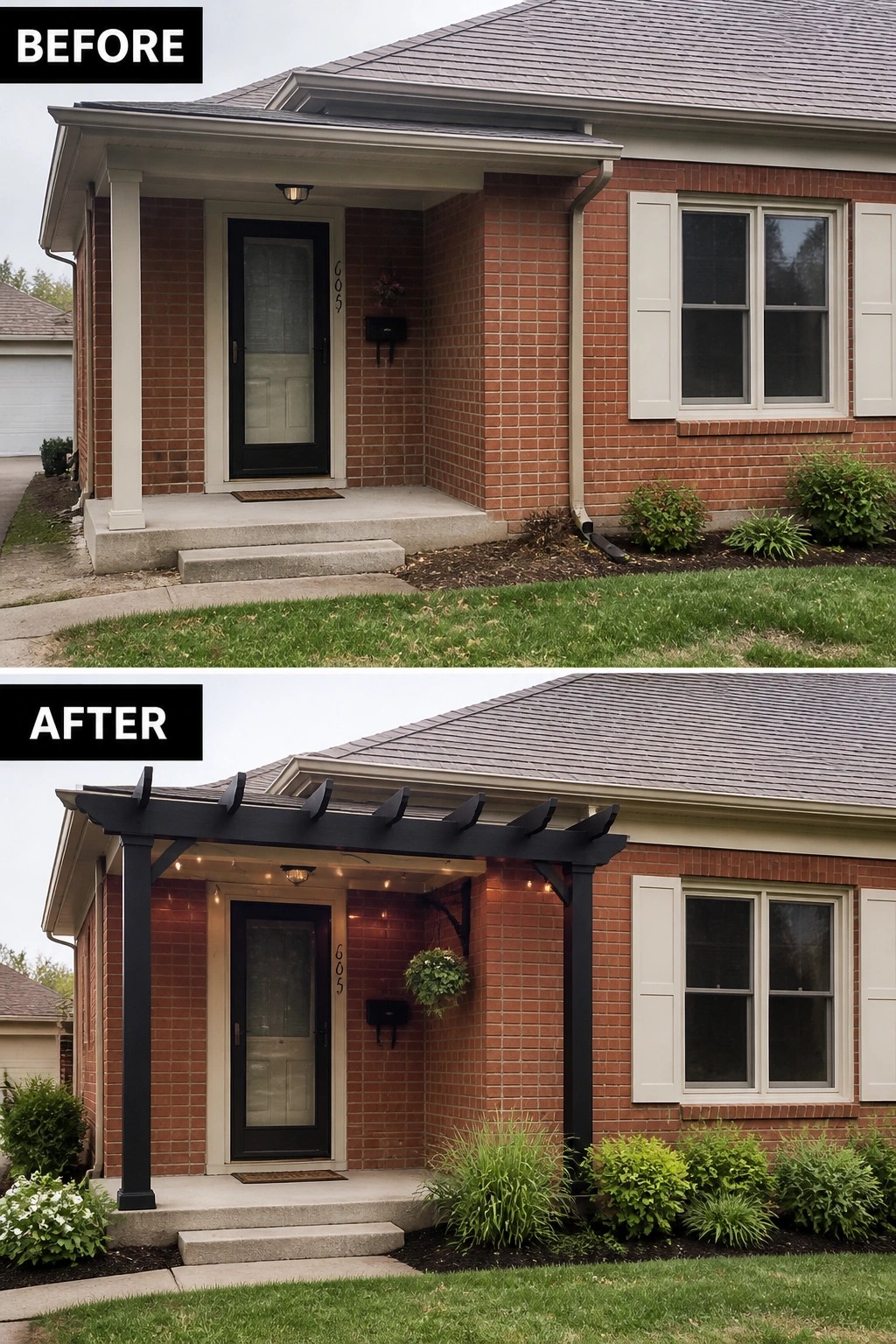 Split before and after: brick entry gains black pergola, hanging plant, string lights.