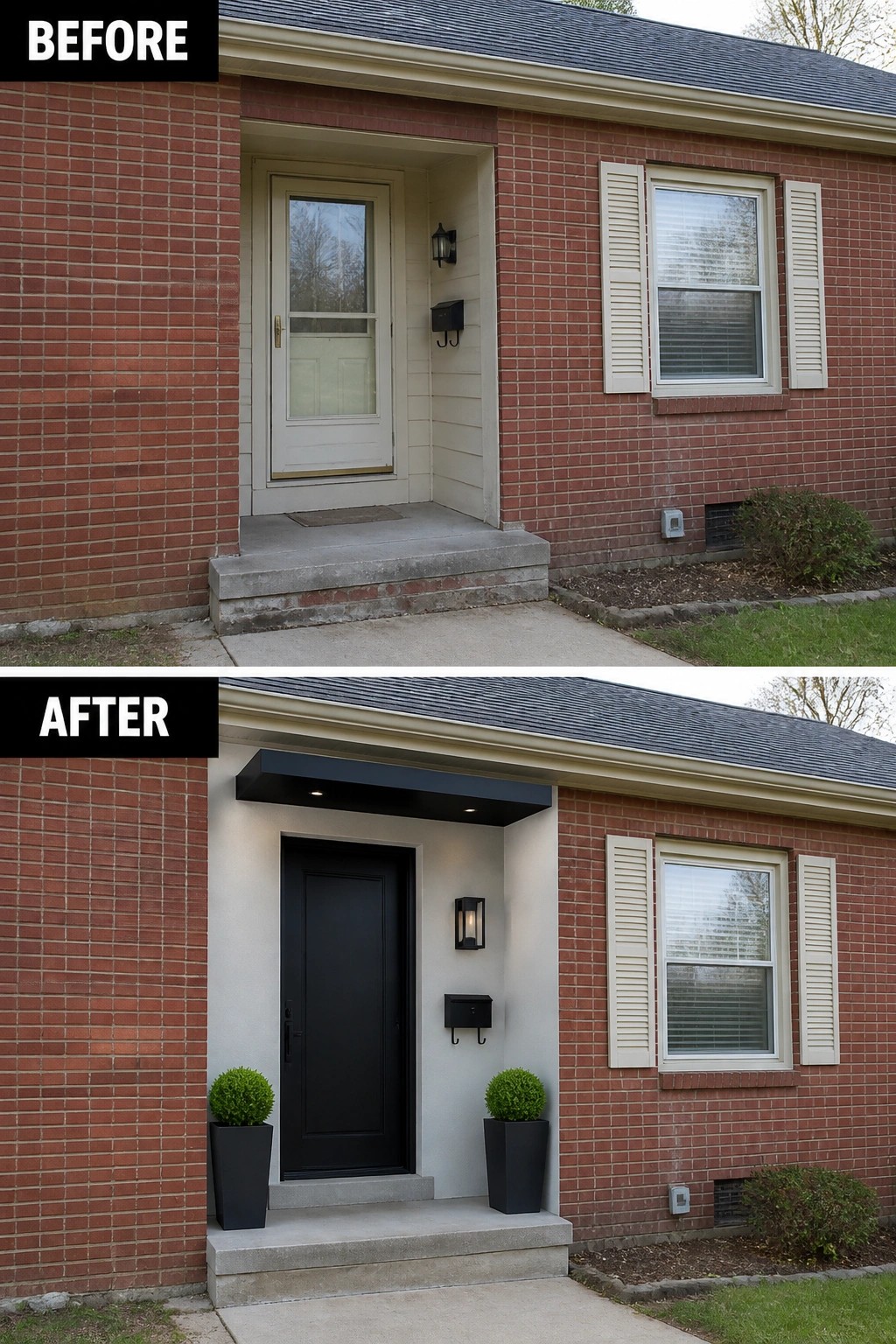 Before-and-after image of a brick house front entry updated by replacing a storm door with a black front door and adding a black canopy, lighting, and matching planters.