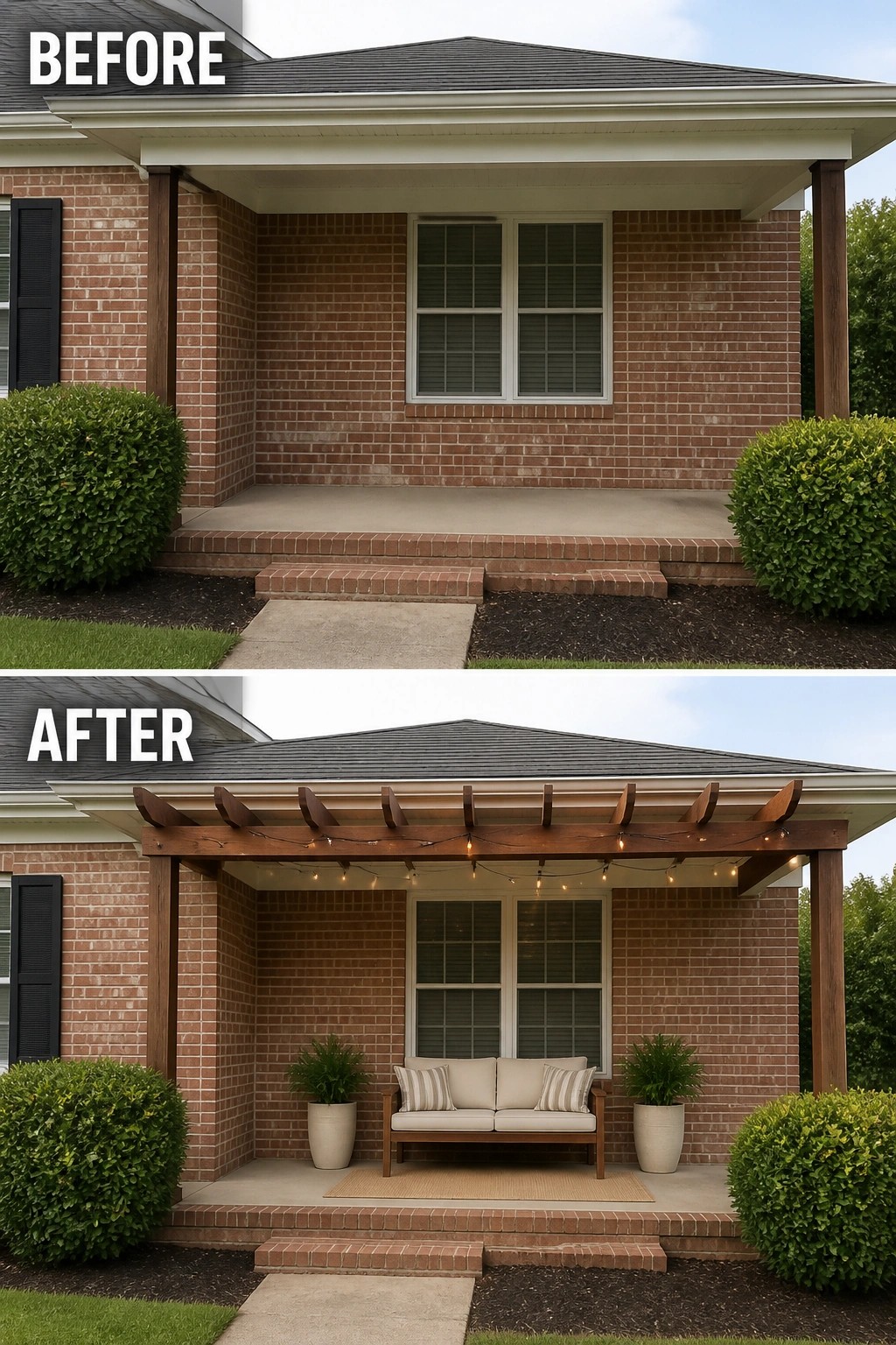 Before-and-after image of a bare front porch updated with a wooden pergola, a small seating bench, a rug, and potted plants.