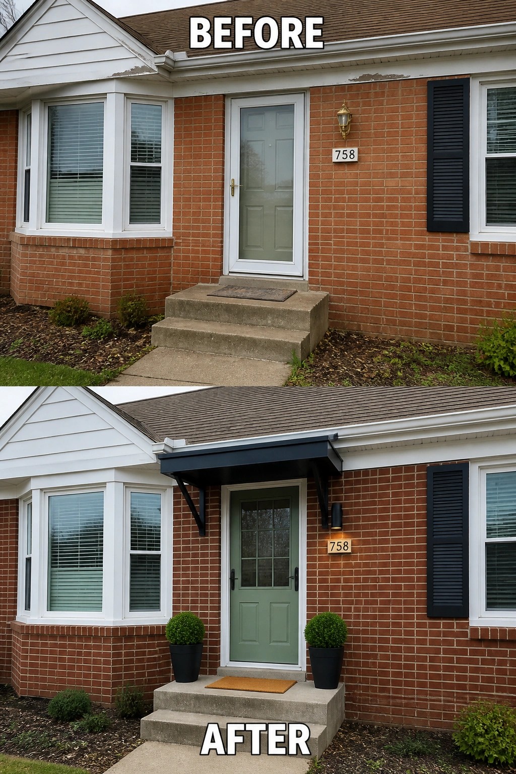 Before-and-after image of a brick house entry updated with a painted front door, a small overhang, and simple planters.