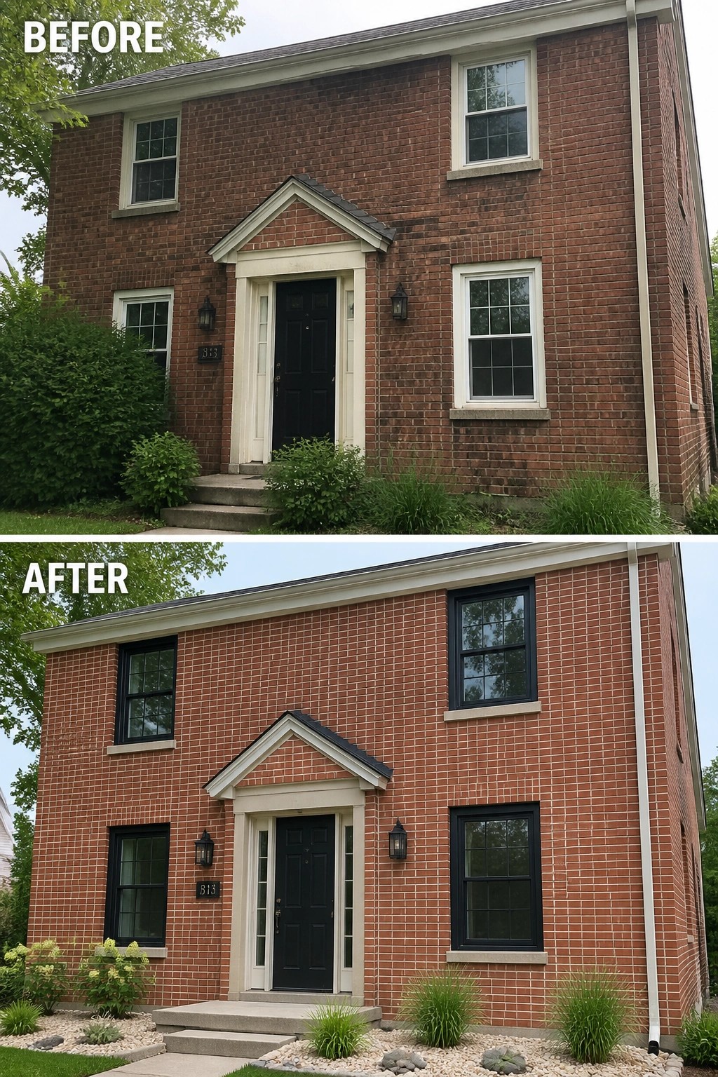 Before-and-after image of a red brick house facade updated with darker window trim, new entry lighting, and cleared low-maintenance rock planting beds.
