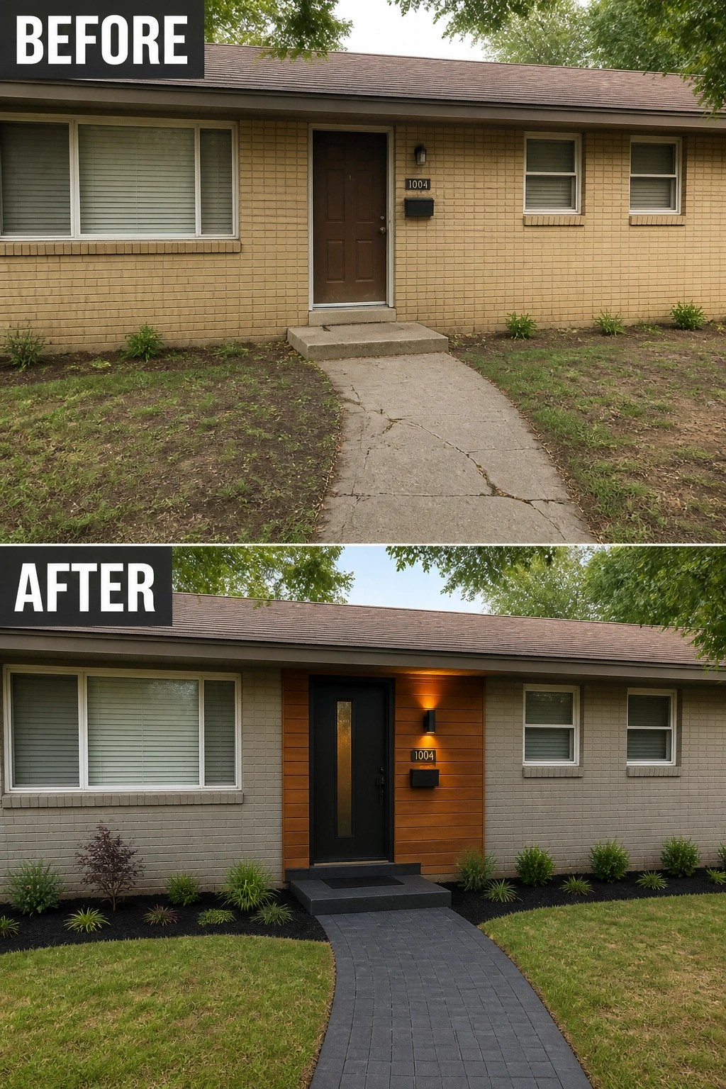 Before-and-after image of a plain brick house where the entry is updated with a dark modern door framed by wood cladding, a new paver walkway, and fresh planted beds.