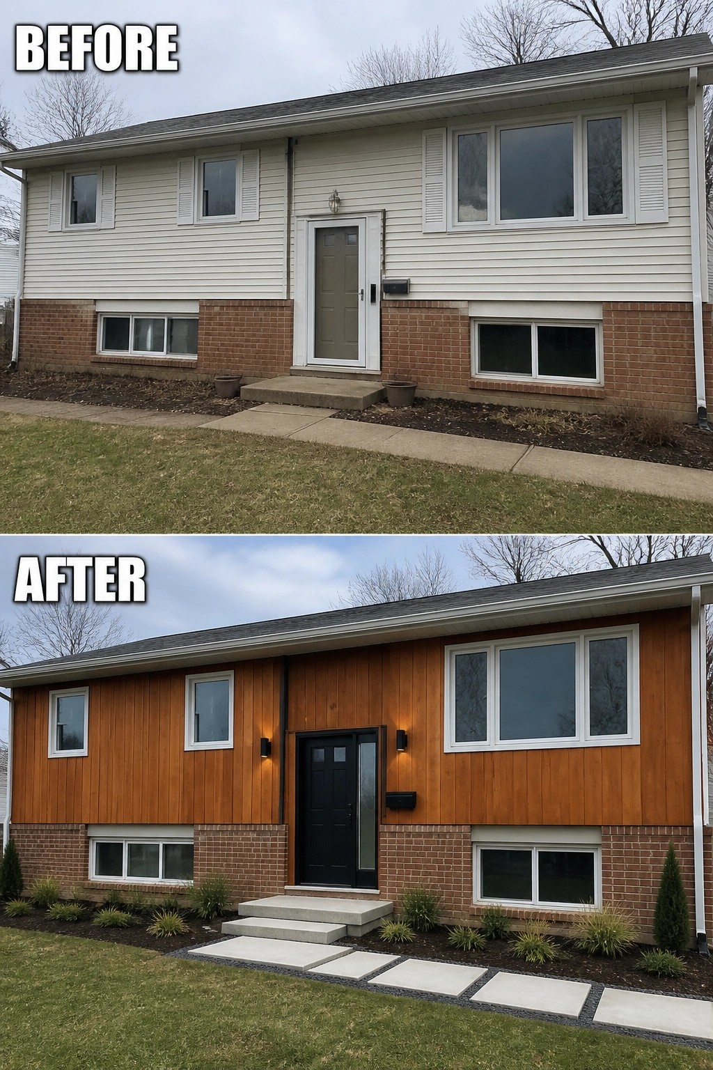Before-and-after image of a split-level house where the upper white vinyl siding was replaced with warm vertical wood cladding and the front door and lighting were updated.