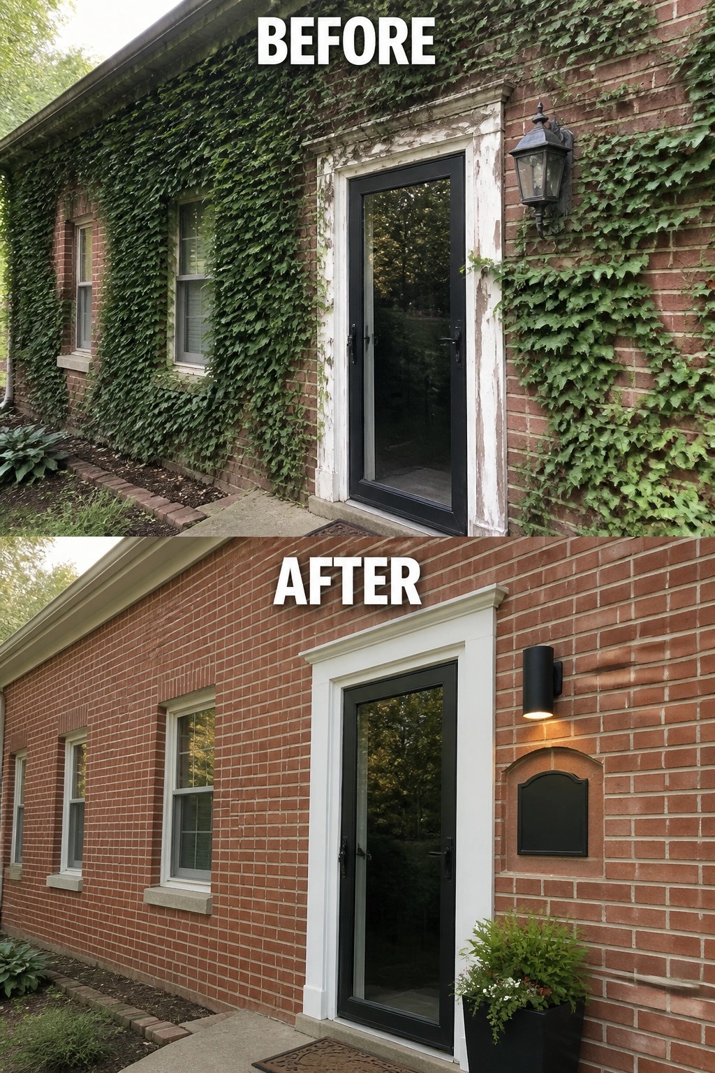 Before-and-after image of a brick house entry where overgrown ivy and peeling door trim are cleared and replaced by clean white trim and a new wall light.