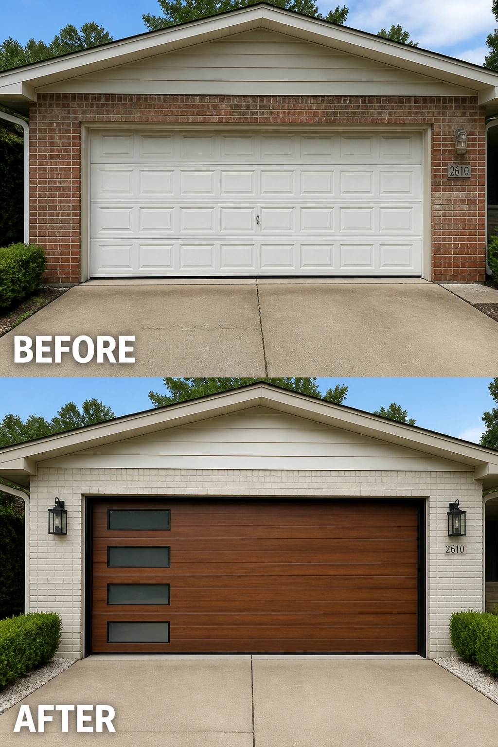 Before-and-after image of a brick house where a plain white panel garage door and red brick were replaced with a horizontal wood-look garage door with frosted windows, black trim, and lighter painted brick.