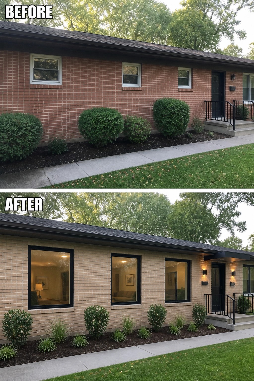 Before-and-after image of a brick house facade where small windows and overgrown bushes were replaced by larger black-framed windows, new exterior lighting, and tidy low plantings.