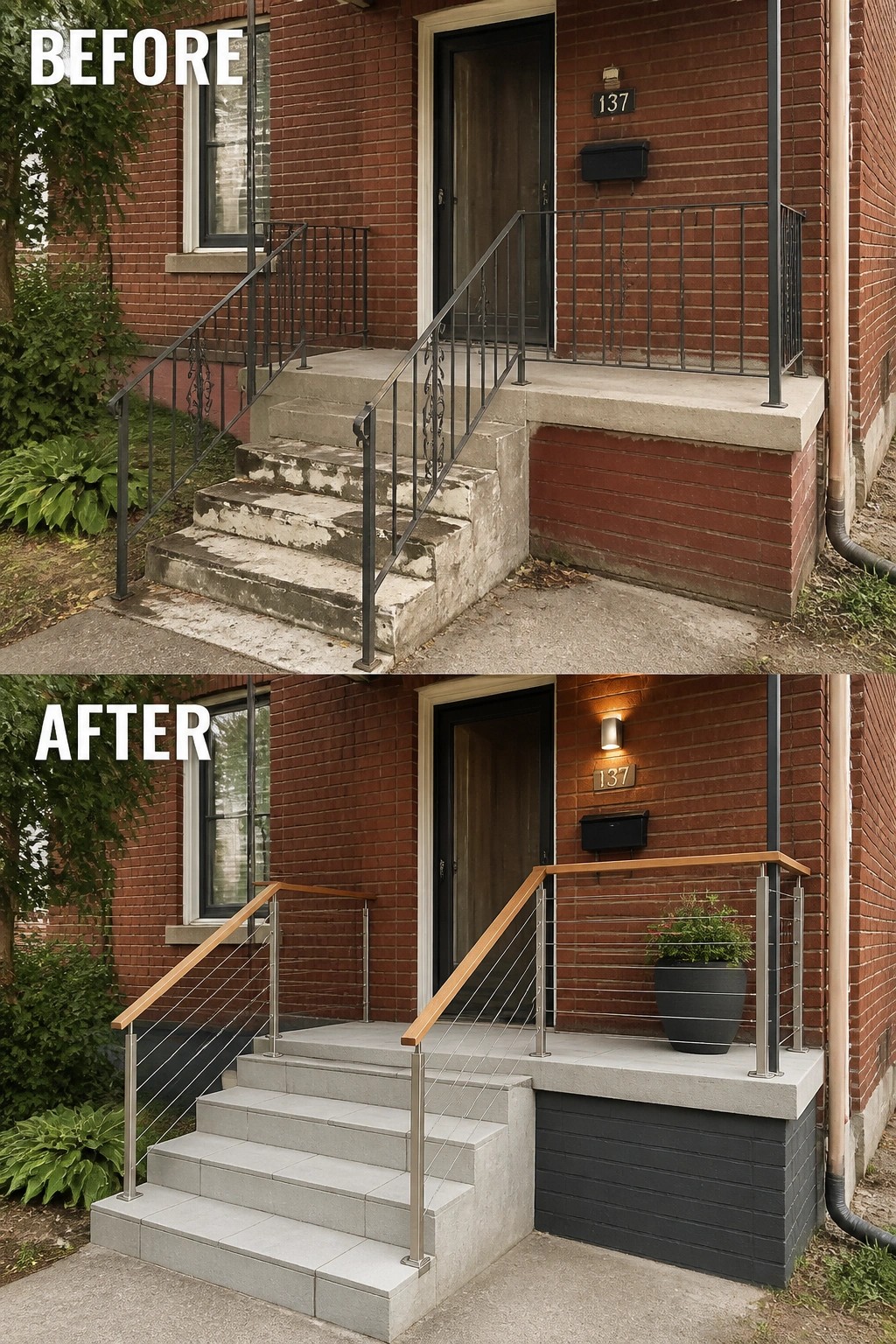 Before-and-after image of a brick house entry showing worn concrete steps and old iron railings replaced with neat tiled steps and modern stainless cable railings with a wooden handrail.