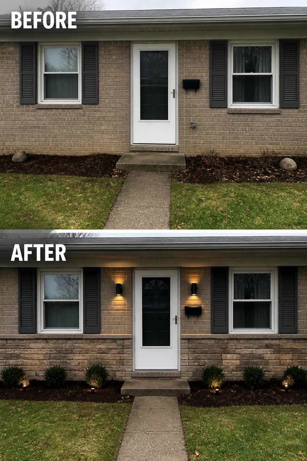 Split before-and-after front entry: plain brick vs stone veneer, sconces, mailbox light, shrub uplighting.