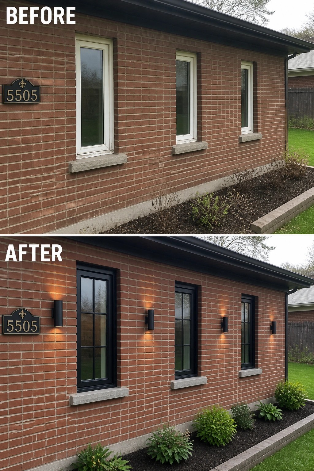 Before-and-after image of a plain brick house wall updated with darker window frames, modern vertical wall sconces, and new low plantings.