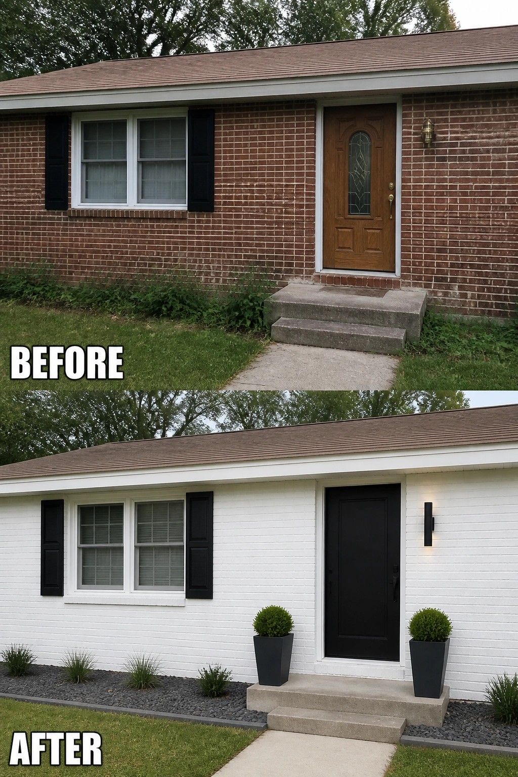 Before-and-after image of a brick house where the red brick is painted white and the front door and exterior accents are changed to black, with added planters and a clean planted bed.