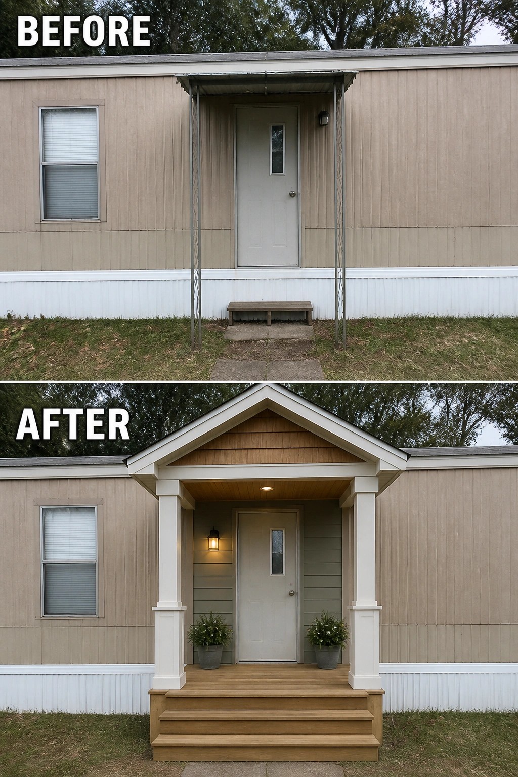 Before-and-after image of a plain mobile home entry upgraded from a small metal awning and single step to a gabled covered porch with steps, columns, and potted plants.