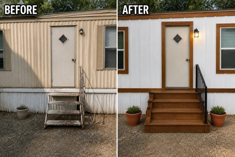 21 Smart Mobile Home Before and After Ideas for Siding, Steps, and Entries Before-and-after trailer entry: faded beige siding and rusty steps; white siding, wooden steps, black railings.