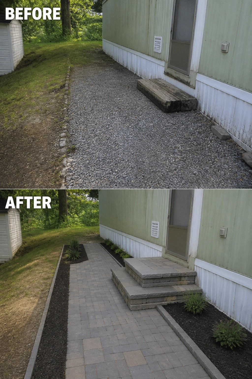 Before-and-after image of a gravel side entrance updated with a paved walkway, stacked stone steps, and narrow planted borders.