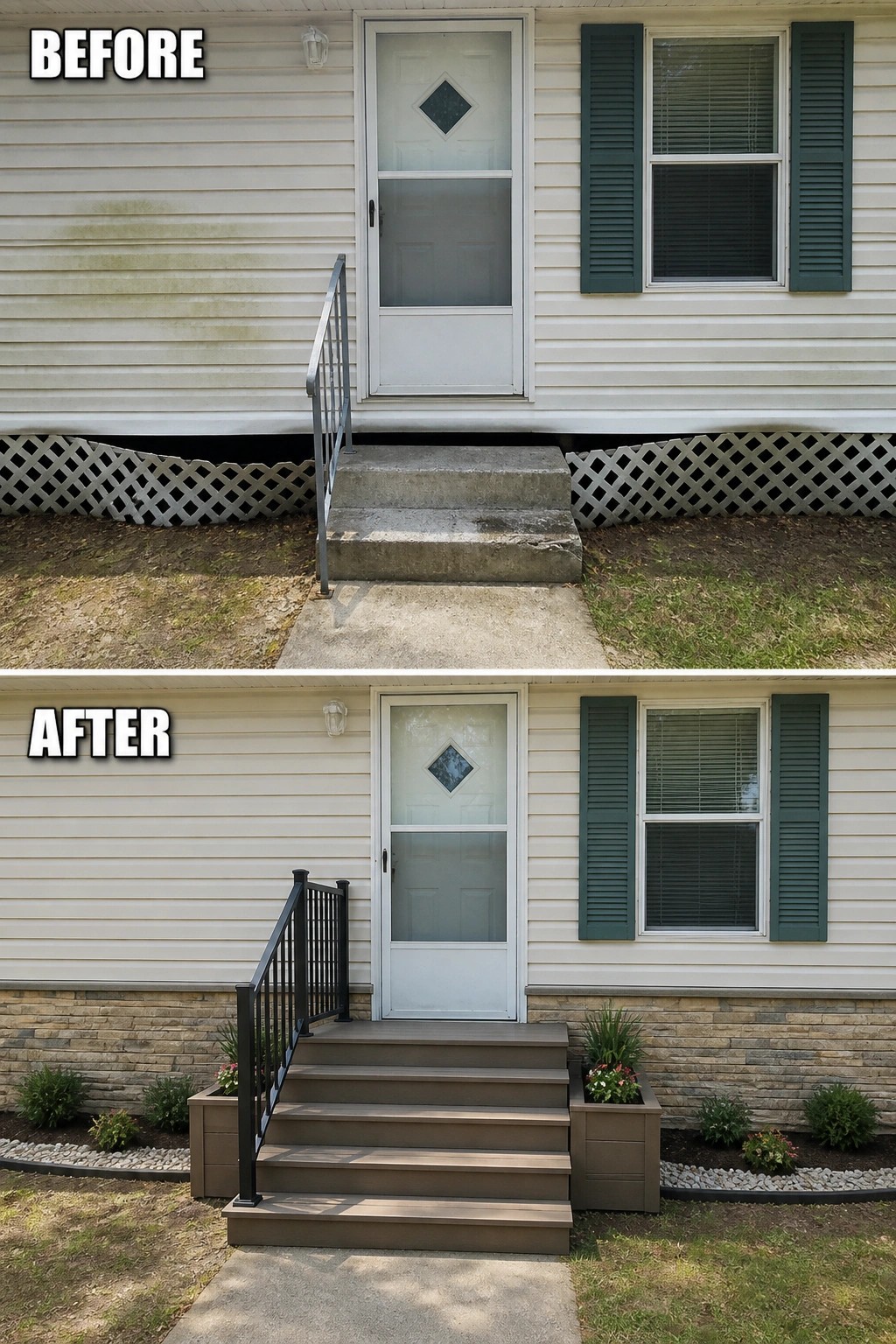 Before-and-after image of a mobile home entry where a small concrete step and lattice were replaced by wider composite stairs, a black metal railing, planter boxes, and stone skirting.