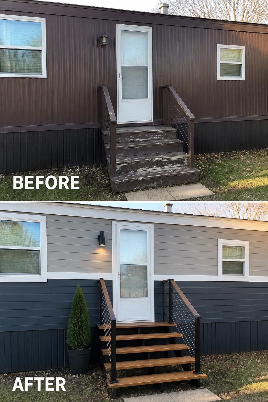 Before-and-after image of a mobile home entrance updated with new wooden steps and cable railing, fresh two-tone siding and trim, and a potted plant.
