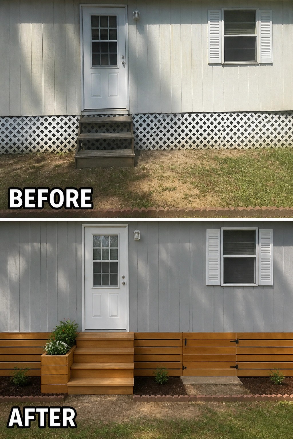Before-and-after image of a mobile home entry where white lattice and small steps are replaced by horizontal wooden skirting, boxed wooden stairs, and a planter.