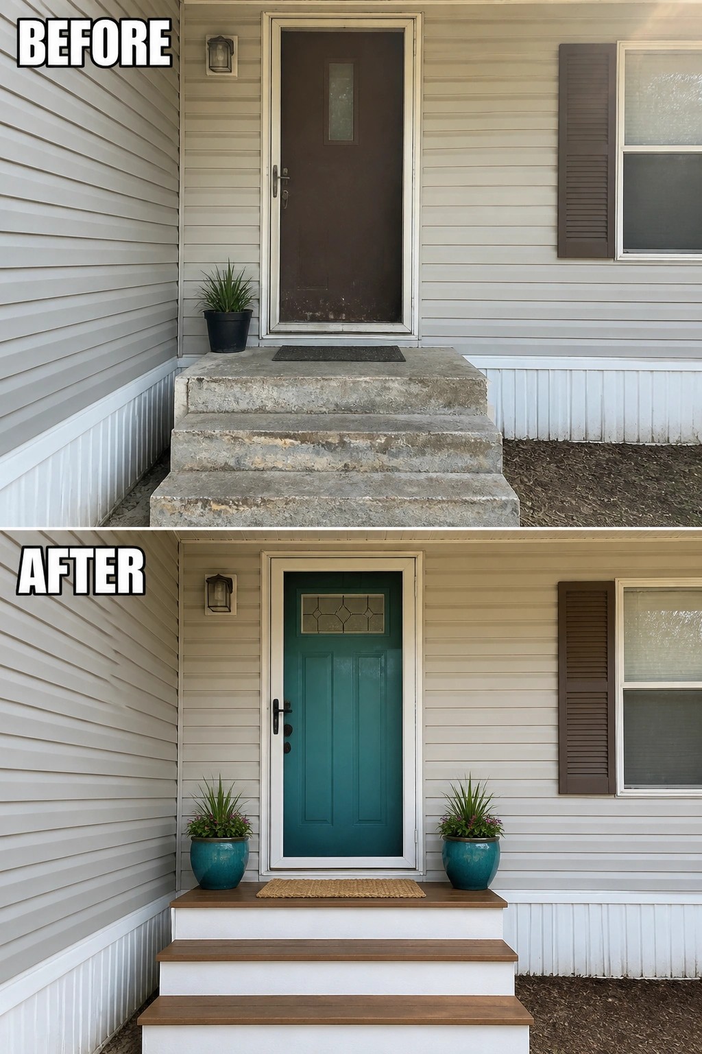 Before-and-after image of a plain mobile home entry with worn concrete steps changed to a finished entry featuring a painted teal door, new wood-topped steps, and matching planters.