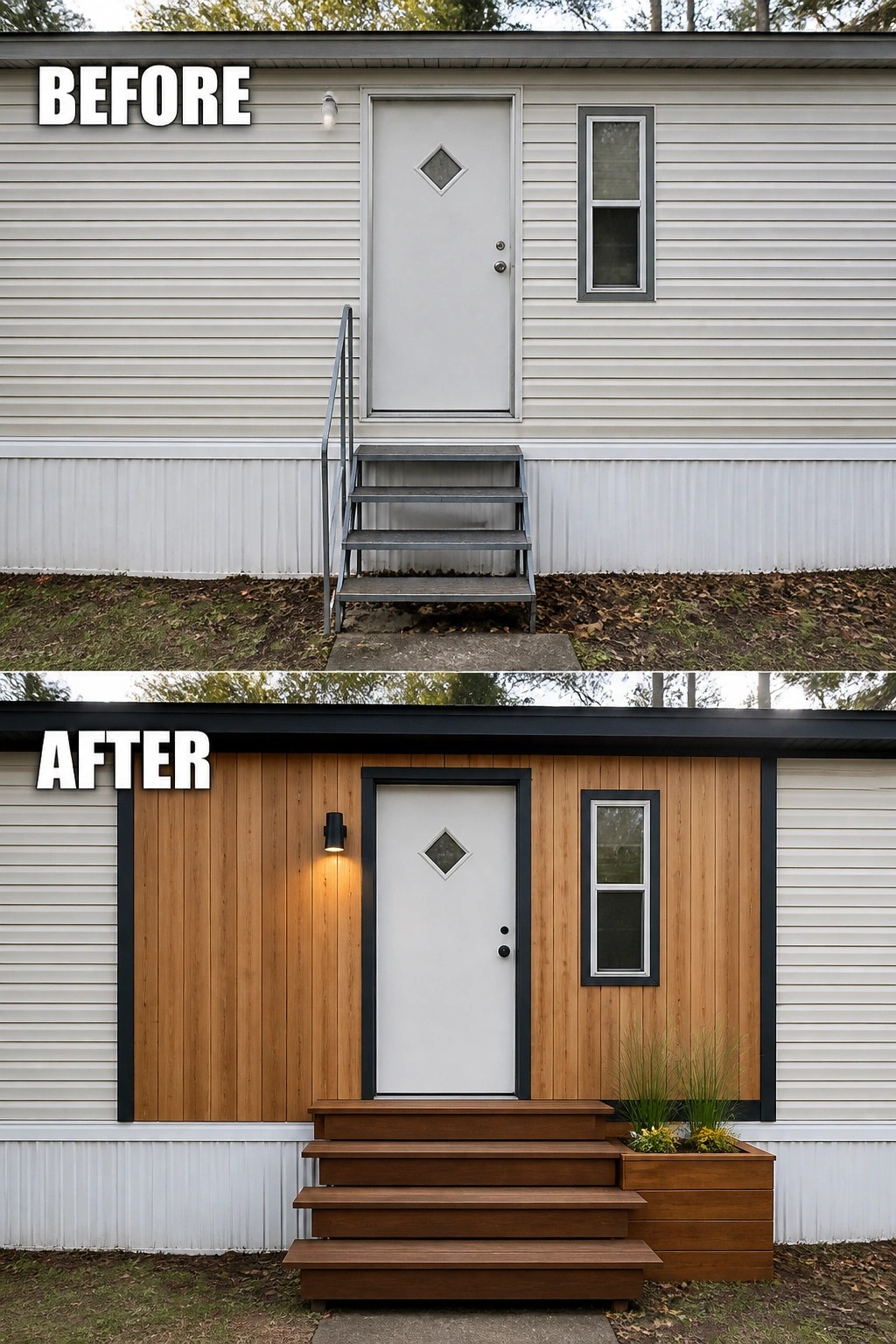 Before-and-after image of a mobile home entry that was updated from vinyl siding and metal stairs to a wood-clad door surround with wider wooden steps and a planter.