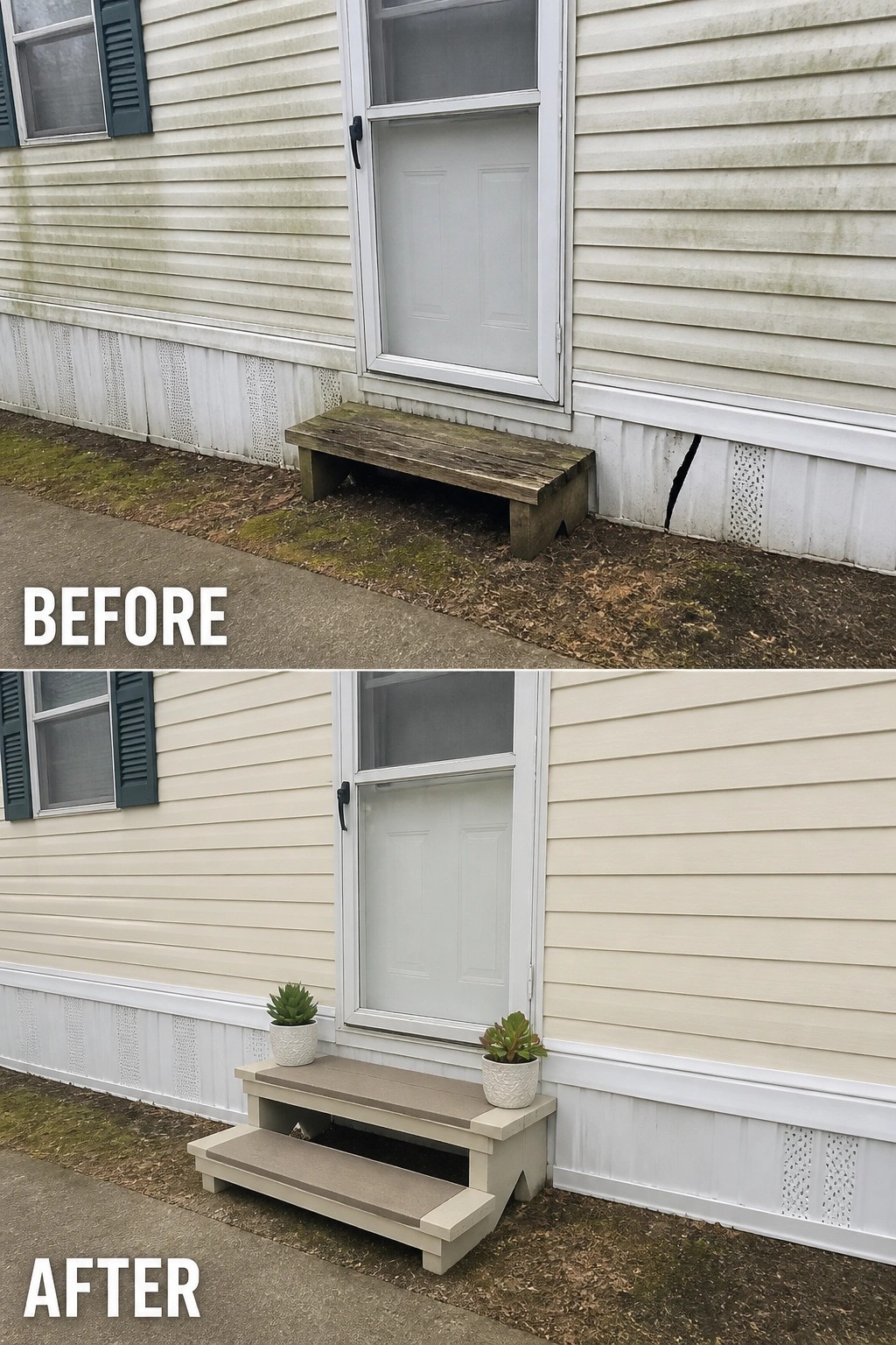 Before-and-after image of a mobile home entry where a single worn wooden step is replaced by a neat two-step platform with two potted plants.