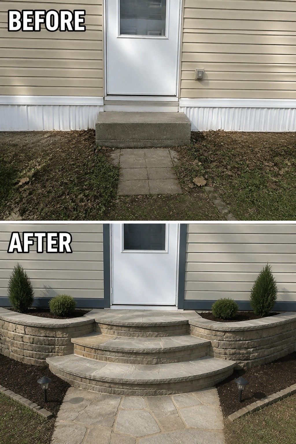 Before-and-after image of a plain concrete single step replaced by curved stone steps with low masonry walls, planted beds, and path lighting.