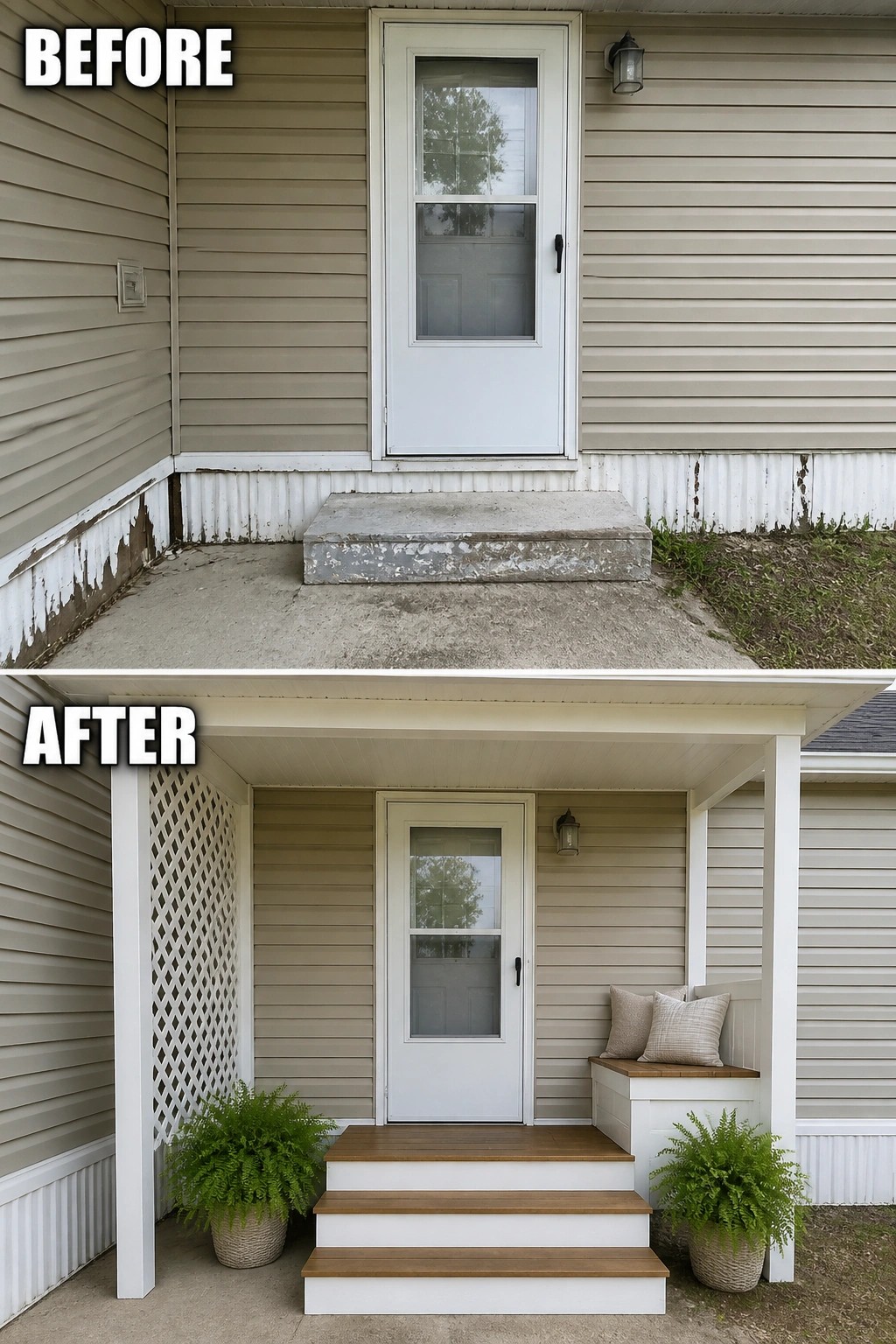 Before-and-after image of a plain mobile home entry upgraded from a single concrete step to a covered porch with multi-step stairs, a built-in bench, lattice screening, and potted ferns.