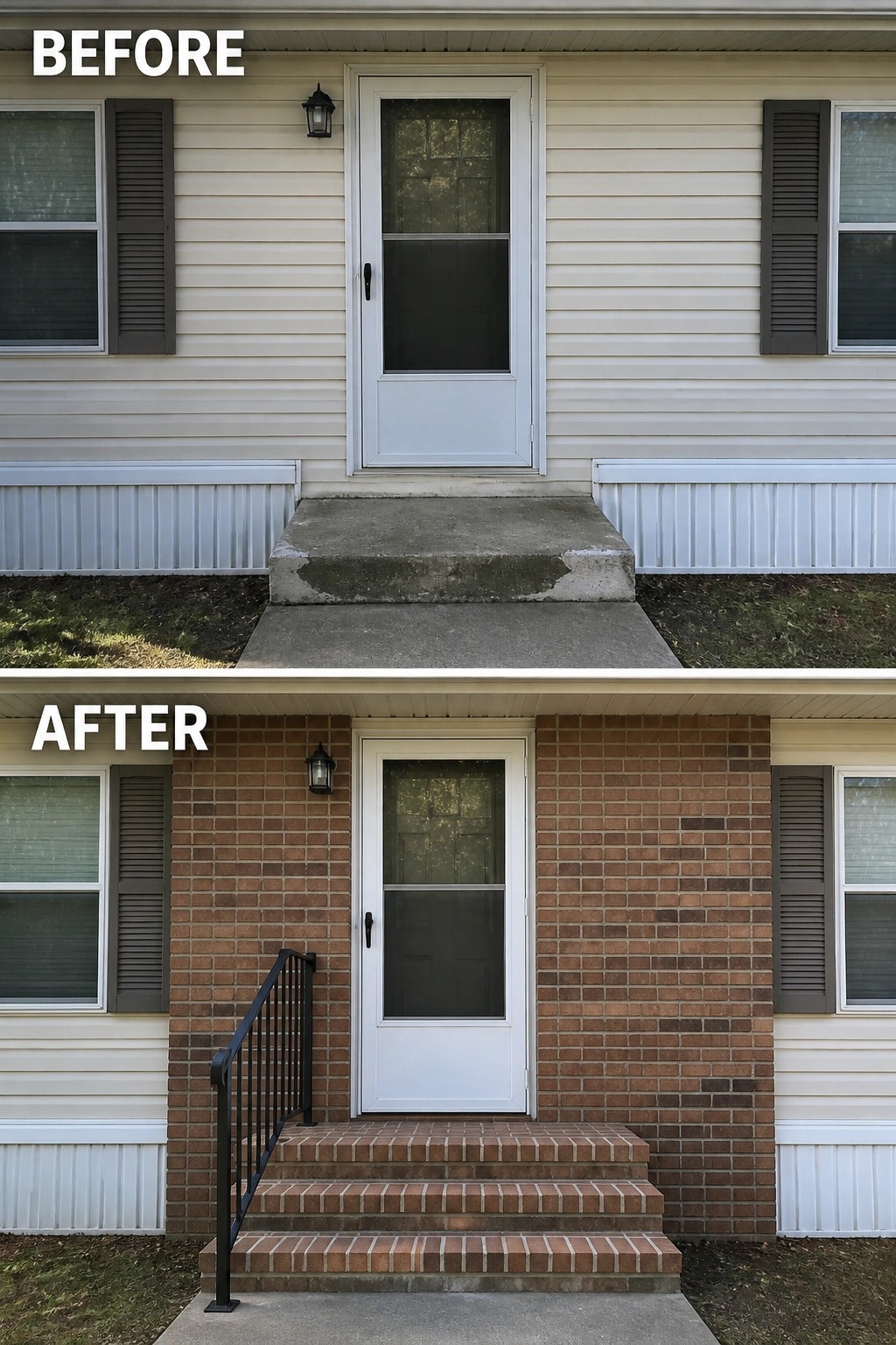 Before-and-after image of a mobile home front entry where a cracked concrete step and plain siding were replaced with a brick-faced entry and new brick steps with a black handrail.