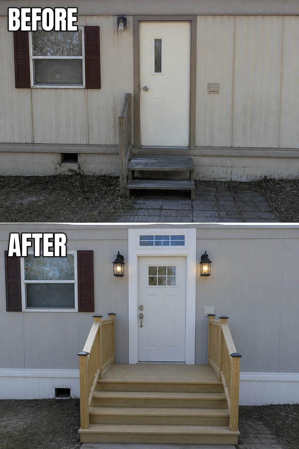 Before-and-after image of a mobile home entry where a tiny wooden step was replaced by a larger wooden porch with railings, door trim, and exterior lanterns.
