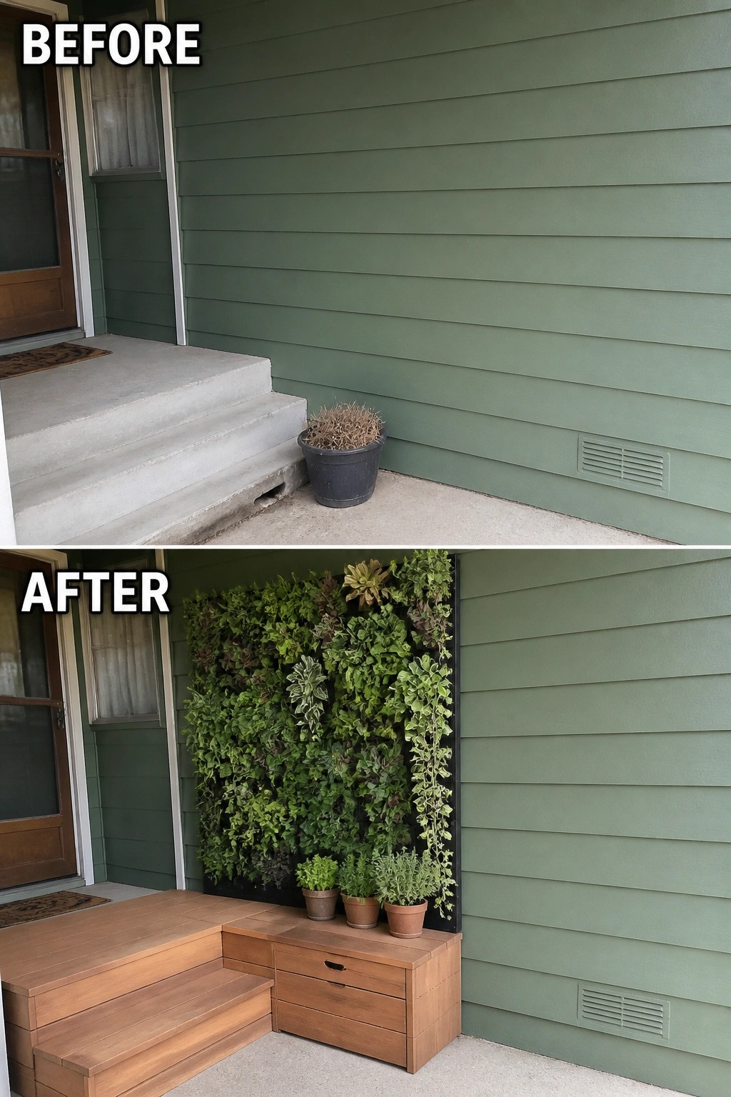 Before-and-after image of a small front porch changed from plain concrete steps and a single dead potted plant to built-in wooden steps with storage and a vertical living wall of plants.