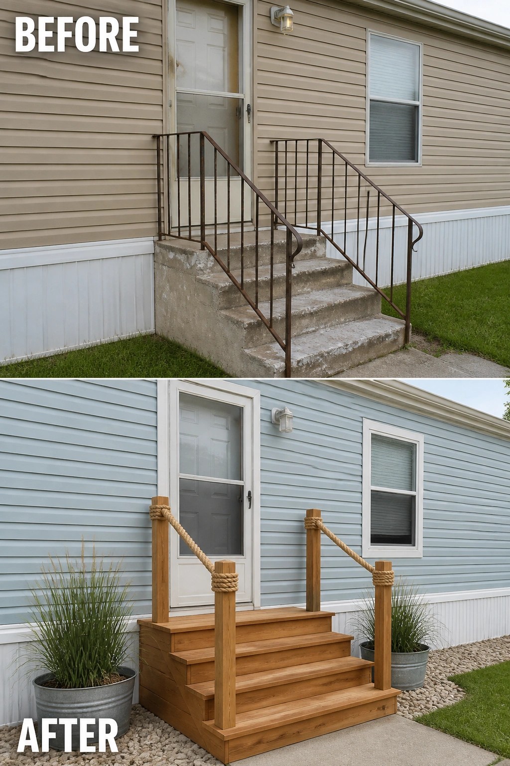 Before-and-after image of a mobile home entry where crumbling concrete steps are replaced with a wooden stair unit with square posts, rope handrails, and planters.