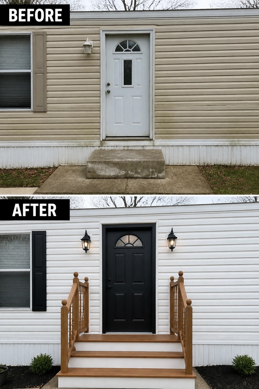 Before-and-after image of a mobile home front entry where a plain concrete step and beige siding are replaced with wooden stairs and railings, a black front door, exterior lanterns, and refreshed white siding.