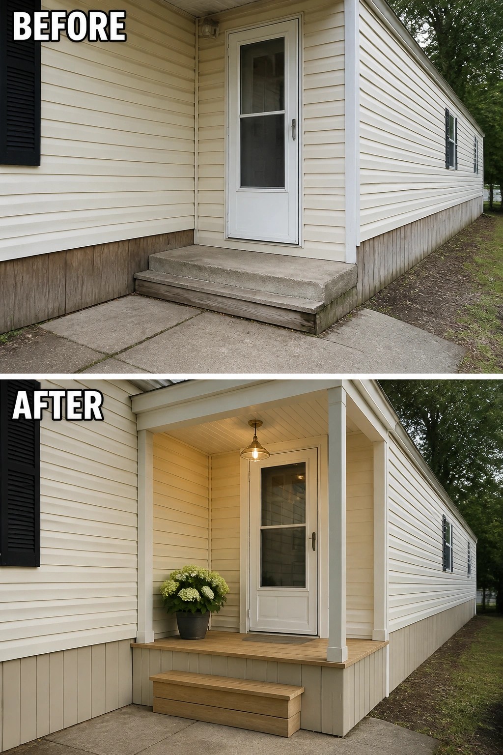 Before-and-after image of a plain mobile home entry updated with a small wood-clad porch and a hanging exterior light.