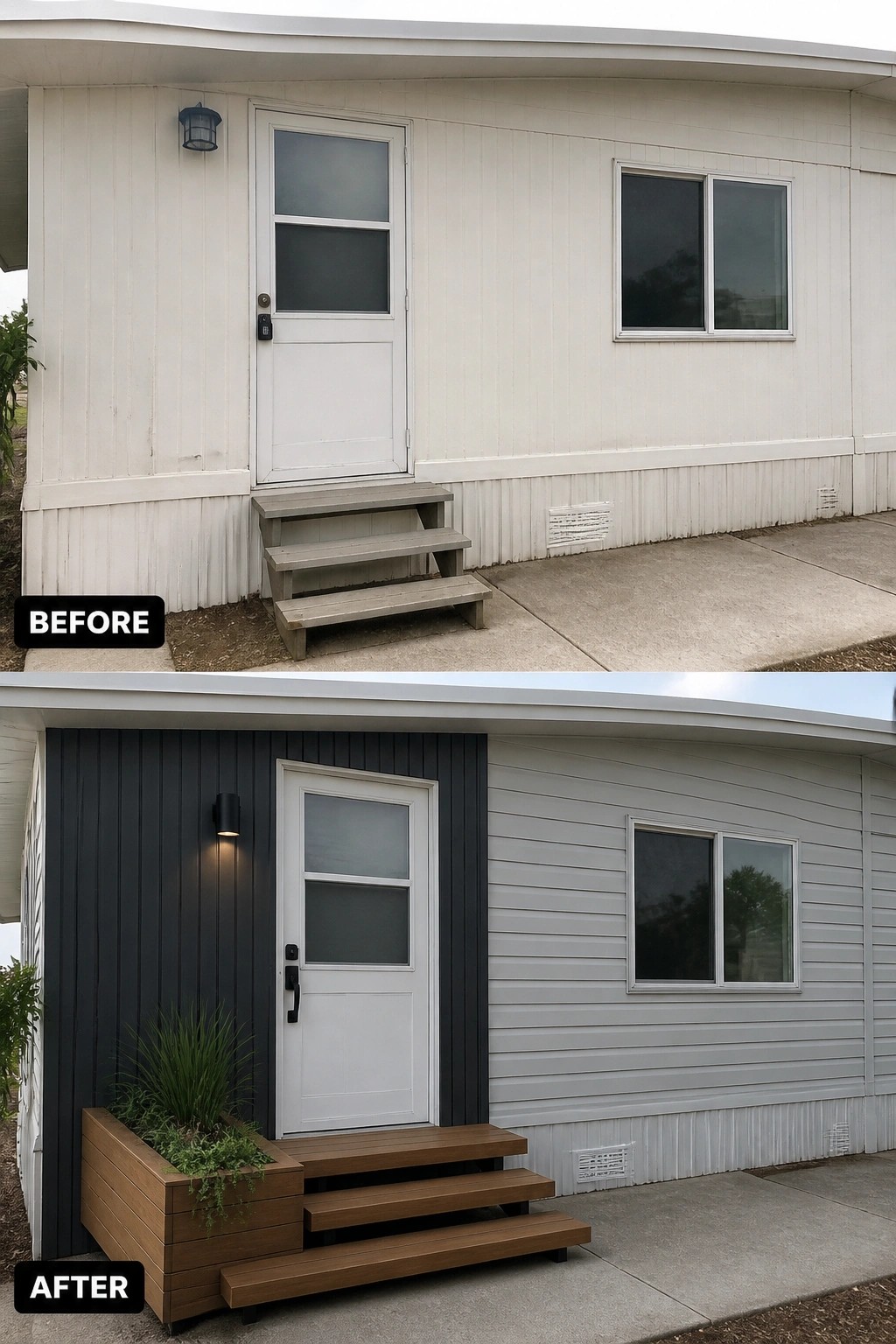 Before-and-after image of a mobile home front entry updated with a dark vertical siding accent, new floating steps, and a built-in planter.