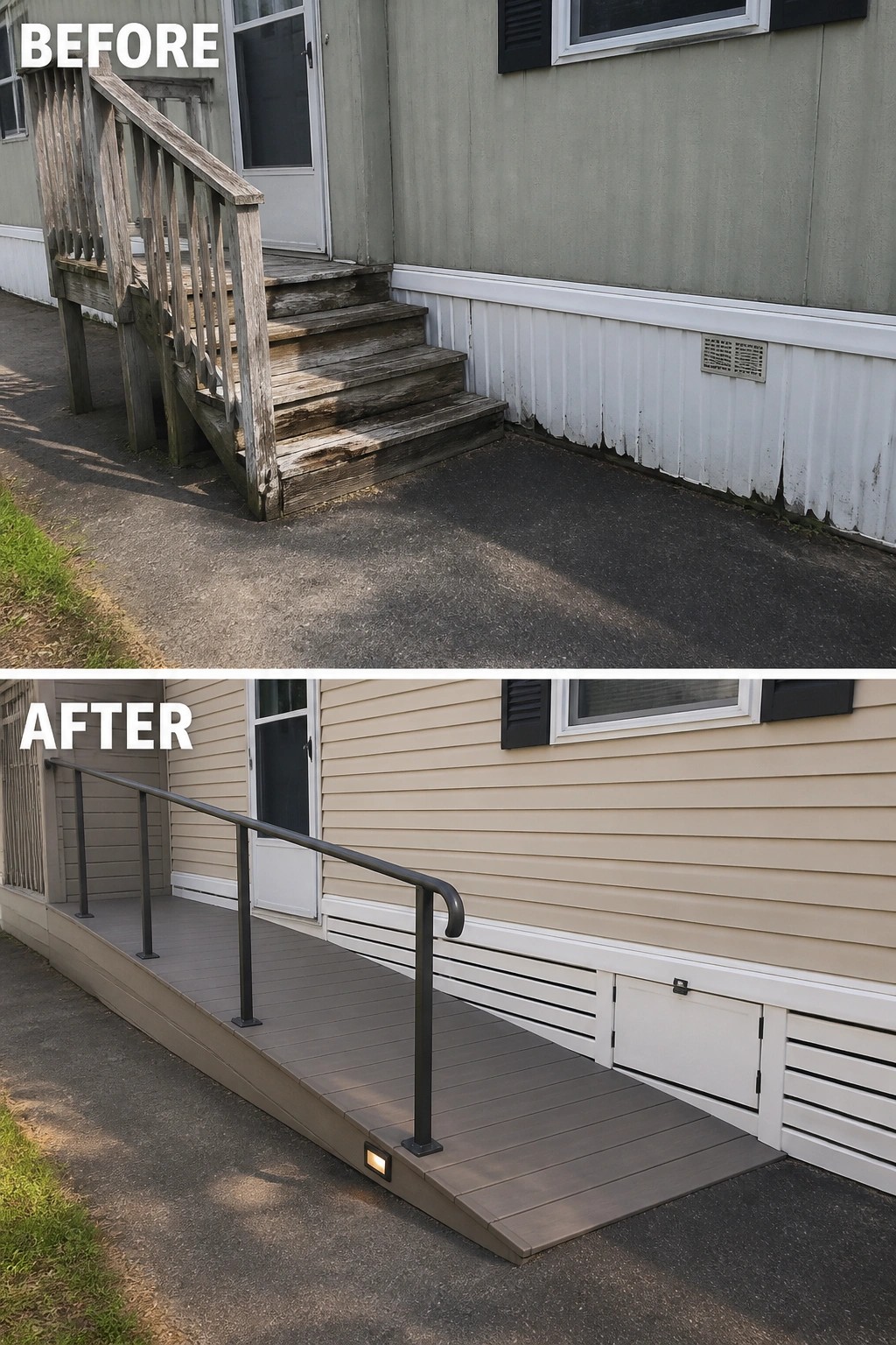Before-and-after image of a mobile home entry where old wooden steps were replaced with a low-profile composite ramp, metal handrail, and new skirting.