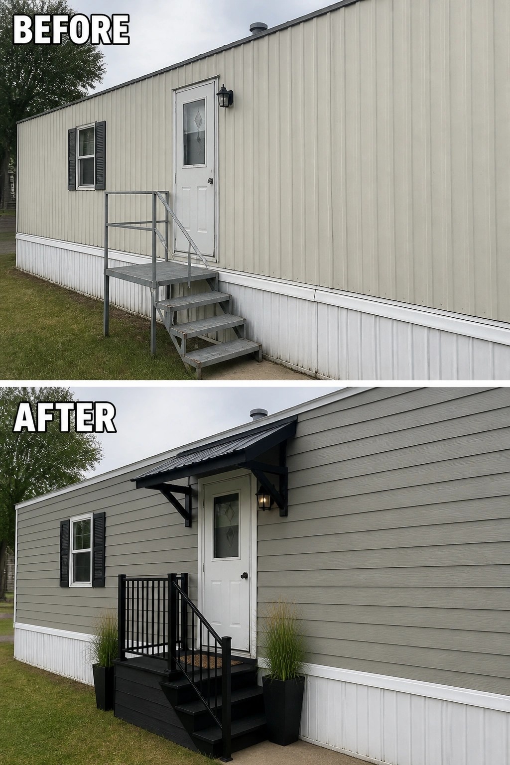 Before-and-after image of a mobile home entry updated with a small painted landing and railing, a black overhang above the door, and matching planters.
