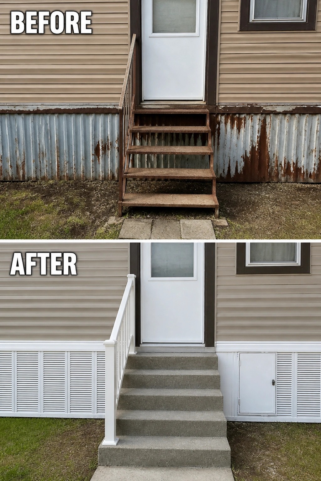 Before-and-after comparison: rusty metal stairs and rusted corrugated skirting replaced by concrete steps, white railing.