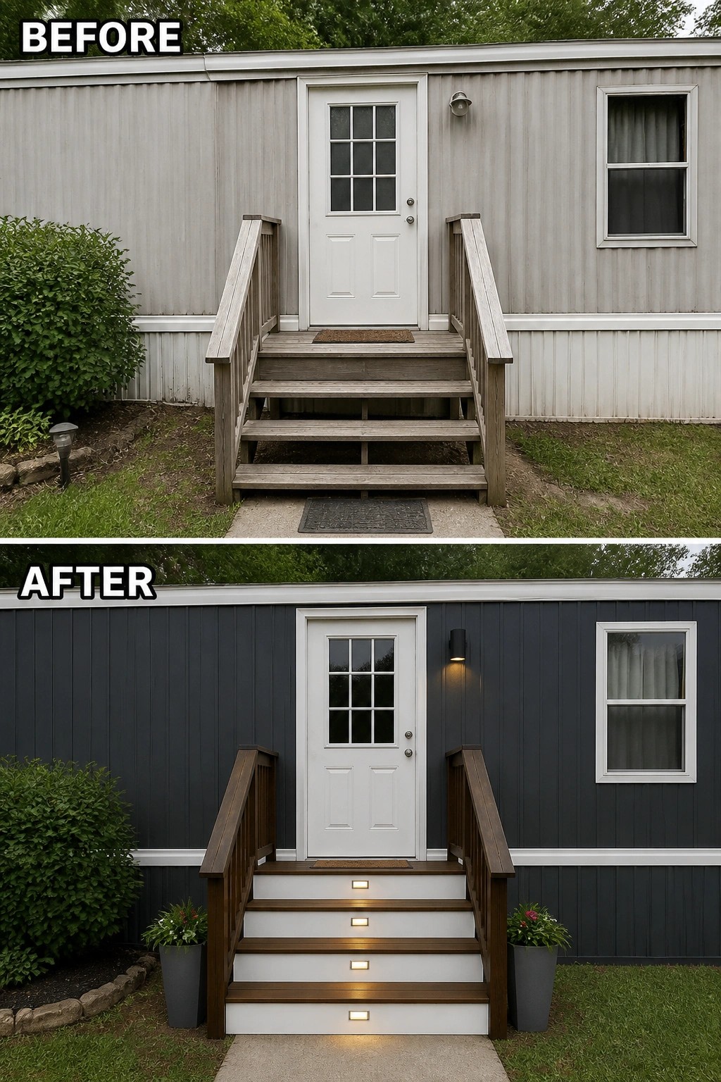 Before: faded trailer with plain wood steps; After: dark gray siding, white-trimmed door, illuminated stairs.