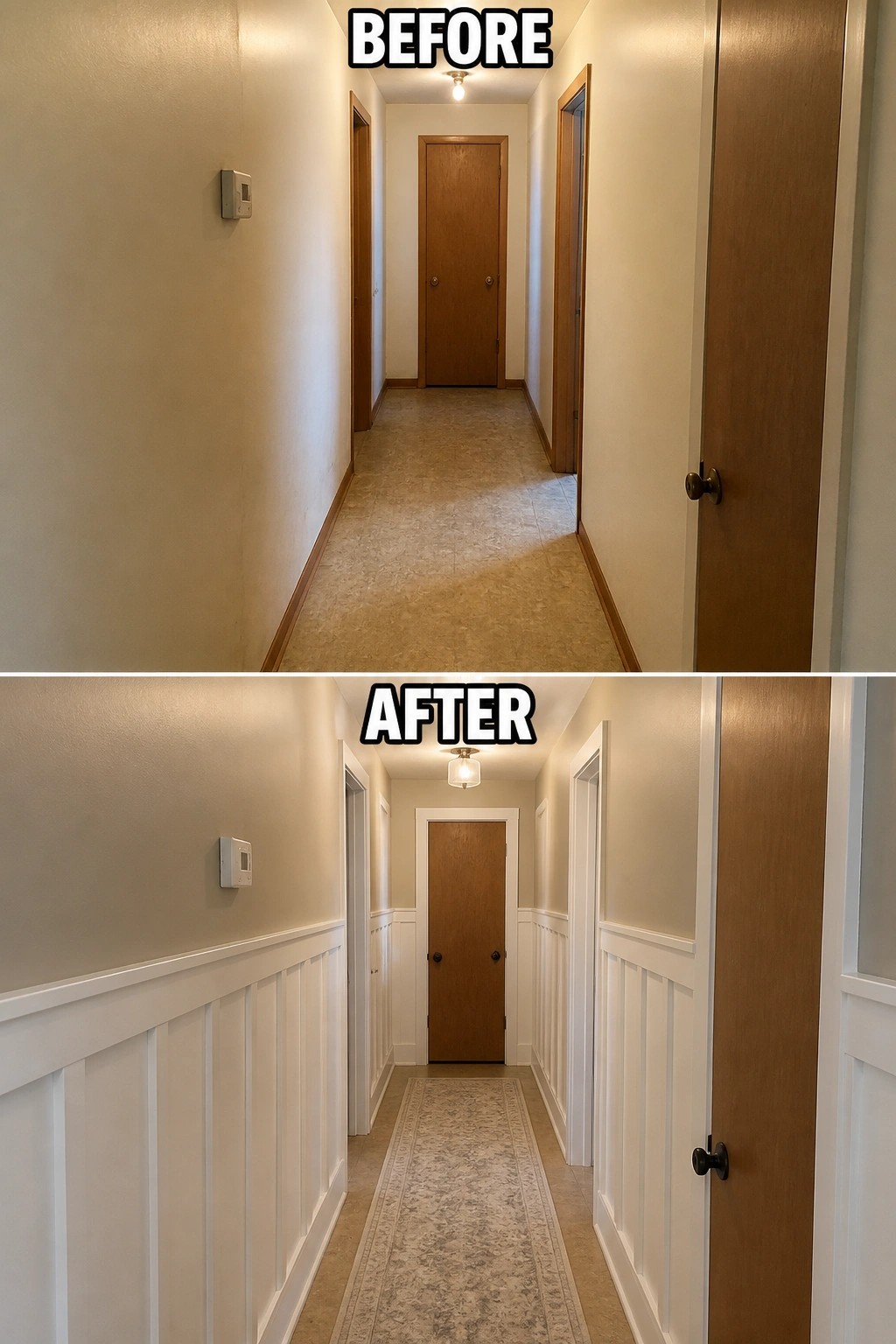 Before-and-after image of a narrow hallway updated by adding white wainscoting and a long runner to replace plain beige walls.