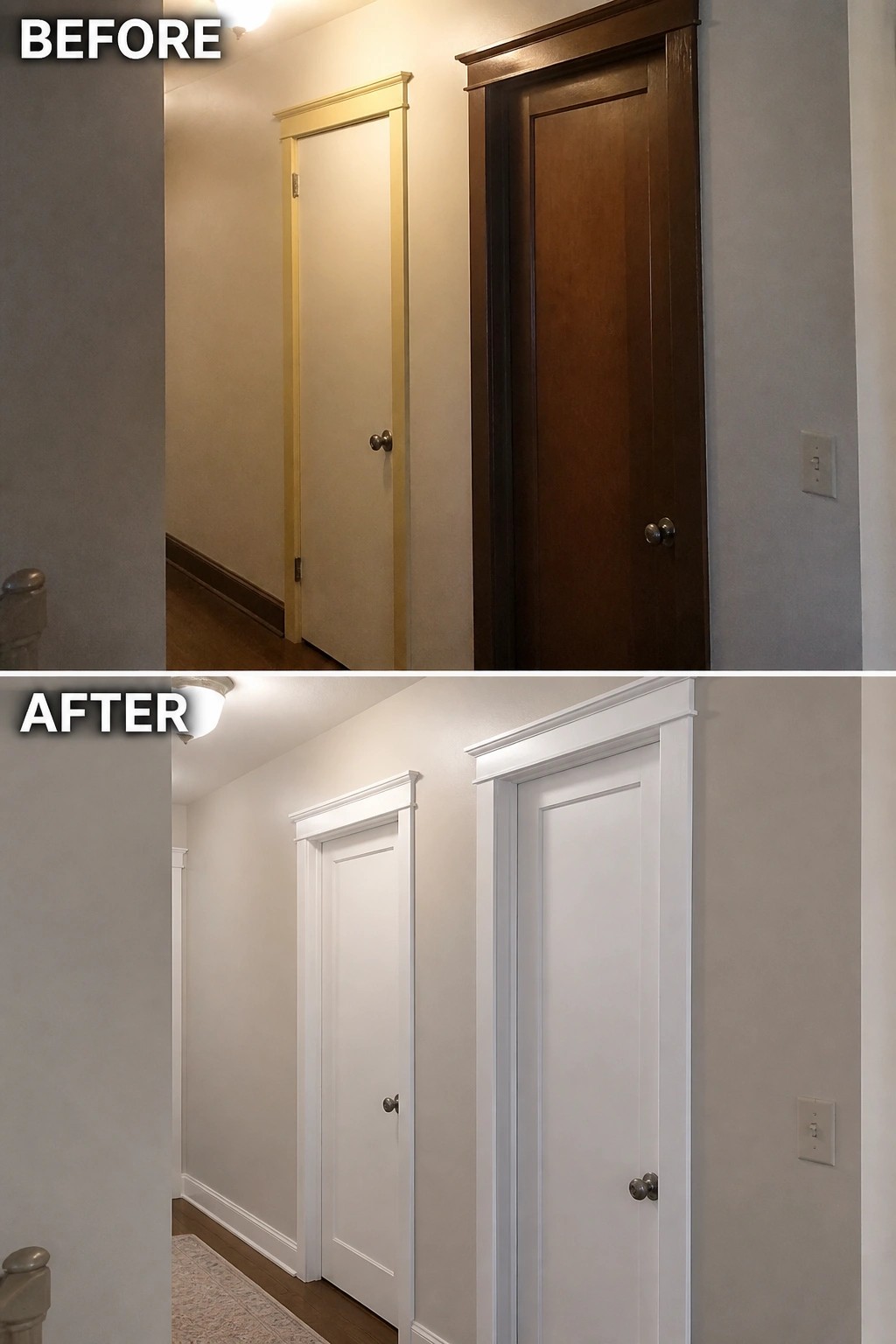 Before-and-after image of a narrow interior hallway where dark wood doors and yellow trim were repainted white and new white casings and baseboards were installed.