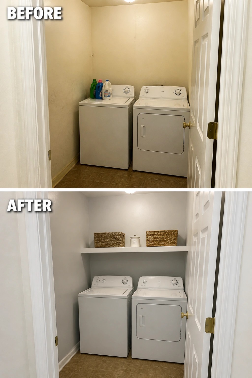 Before-and-after image of a small laundry closet refreshed with lighter wall paint, crisp white trim, and a floating storage shelf above the washer and dryer.